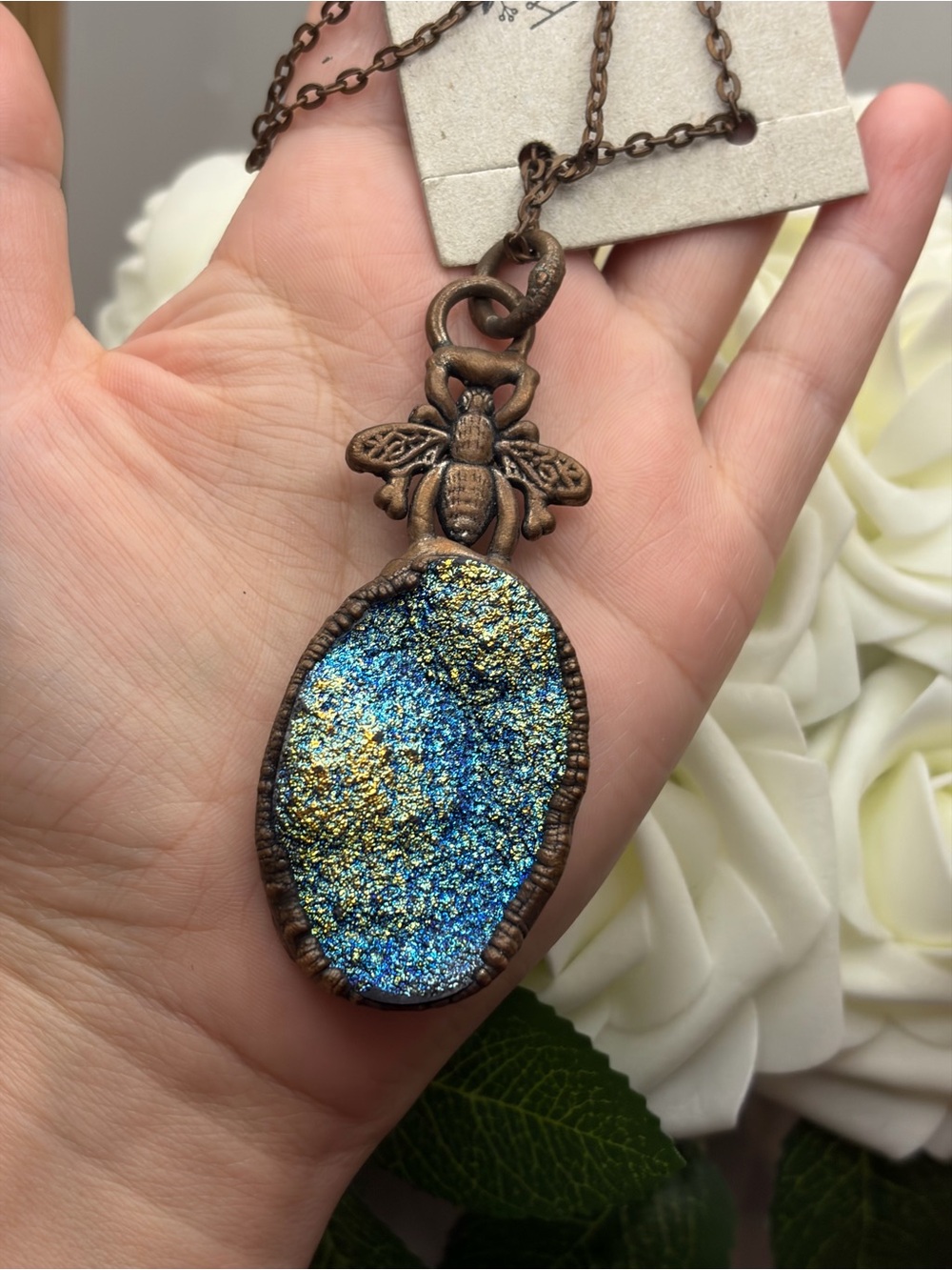 Handcrafted Blue-Gold Druzy Bee Pendant Necklace